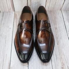 For men, N6205 dark brown advan cowhide, front incision back stich line, welted u-tip, single-monk, handmade dress shoes