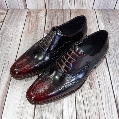 For men, N5015 black cowhide and wine advan cowhide combination, lace-up, regal wing tip, handmade oxford shoes