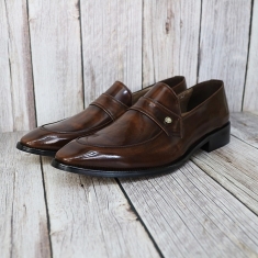 For men, N6910 dark brown advan cowhide, u-tip, single penny strap, handmade dress loafers