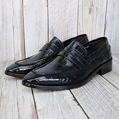 For men, N6033  black snake skin pattern cowhide, u-tip, straight pattern, handmade penny loafers