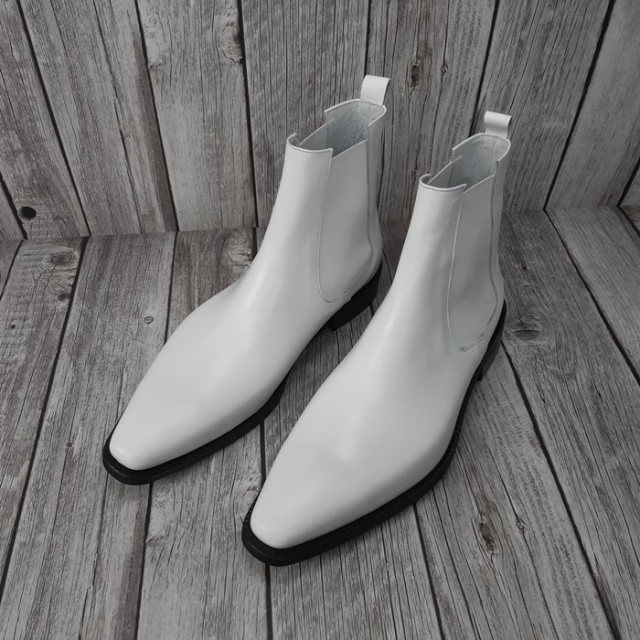 For men, Nble0215 white cowhide, no zipper(option), plain toe, handmade basic ankle chelsea boots