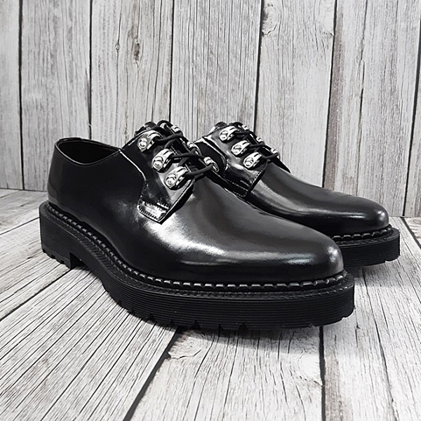 For men, N5100 black cowhide, lace-up, plain toe, handmade oxford oversole shoes