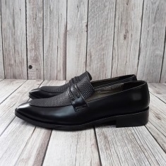 For men, N6054 black square pattern cowhide, knot-straight, square toe, handmade penny loafers