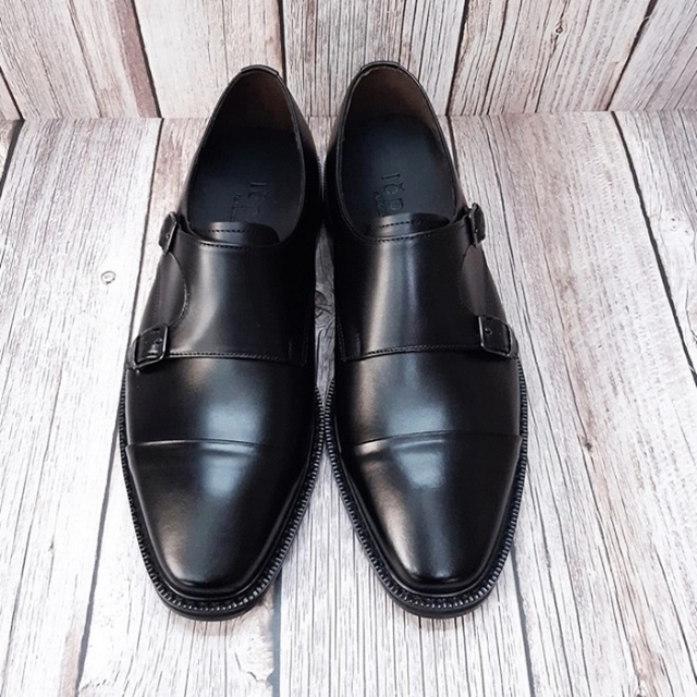 For men, N1005 black cowhide, straight toe, double-monk strap, handmade dress shoes