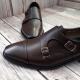 For men, N1005 dark brown cowhide saffiano, straight toe, double-monk strap, handmade dress shoes