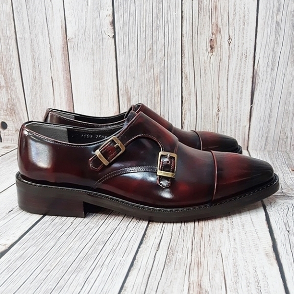 For men, N1005 wine cowhide advan leather, straight toe, double-monk strap, handmade dress shoes