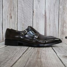 For men, N1005 deep grey dark brown cowhide, straight toe, double-monk strap, handmade dress shoes