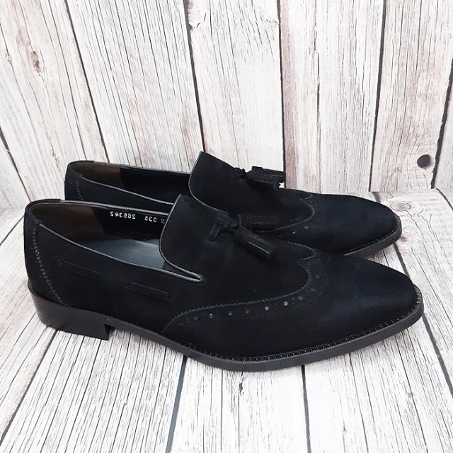 For men, N935 black sheep skin suede, wing tip, handmade tassel loafers