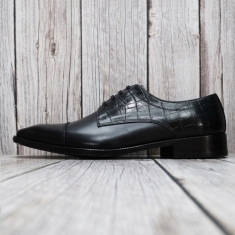 For men, N1003 black cowhide and black caiman skin pattern cowhide combination, lace-up, straight toe, handmade oxford shoes