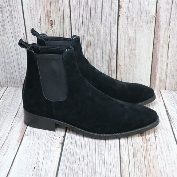 For men, N6305 black cowhide suede, no zipper(option), plain toe, handmade ankle chelsea boots