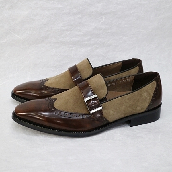 For men, N935 dark brown cowhide advan and choko khaki suede combination, wing tip, single-monk strap, handmade dress shoes