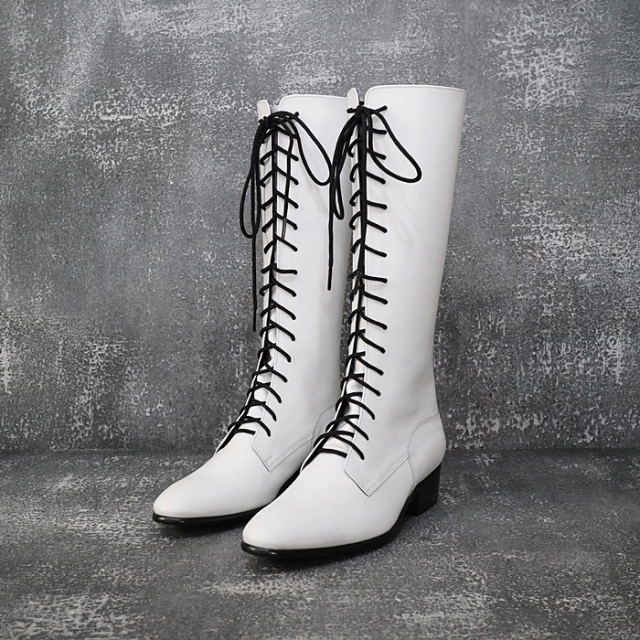 For men, A5027 white cowhide, lace-up, back zipper, rubber spike outsole, handmade long boots