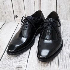 For men, N6000 semi patent black cowhide, lace-up, plain toe, handmade oxford shoes