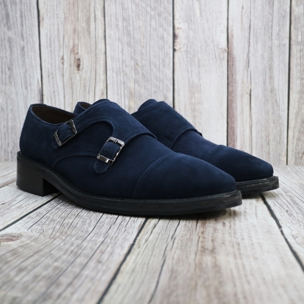 For men, N1005 vintage dark blue cowhide suede, straight toe, double-monk strap, handmade shoes