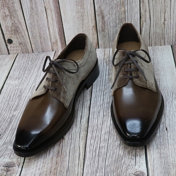 For men, N1003 dark brown cowhide and high-end velvet combination, lace-up, plain toe, handmade oxford shoes