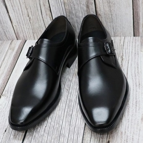 For men, N1555 black cowhide, plain toe, single-monk strap, handmade dress shoes