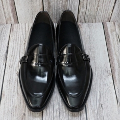 For men, N9234 semi patent black cowhide, u-tip, ark pattern single-monk strap, handmade dress shoes