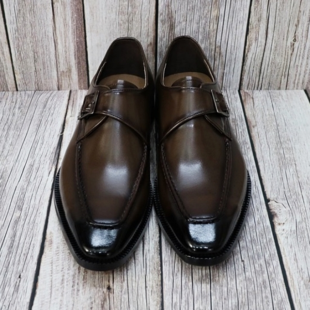 For men, N6205 dark brown cowhide, u-tip, single-monk strap, handmade dress shoes