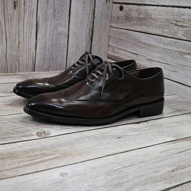 For men, N1066 dark wine brown color cowhide, lace-up, wing tip, handmade oxford shoes