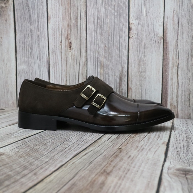 For men, N6009 deep dark brown cowhide and suede combination, straight toe, double-monk strap, handmade dress shoes