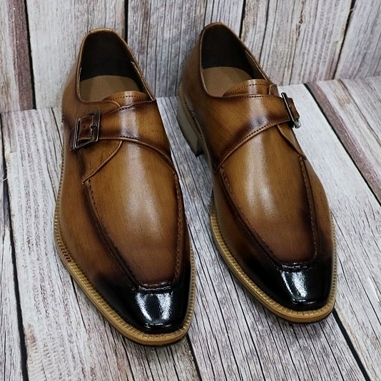 For men, N6205 two tone light brown cowhide, u-tip, handmade single-monk strap dress shoes