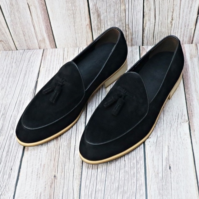 For men, N7000 black sheep skin suede, u-tip, handmade tassel loafers