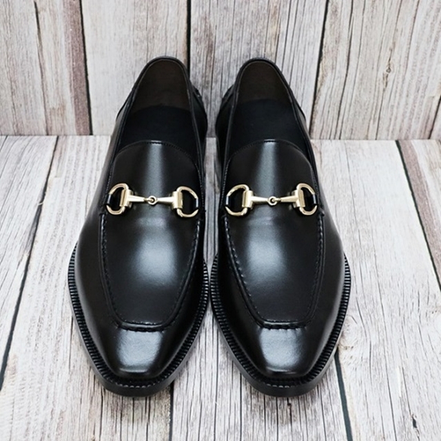 For men, N6033 black cowhide, gold horse-bit ornament, u-tip, handmade loafers