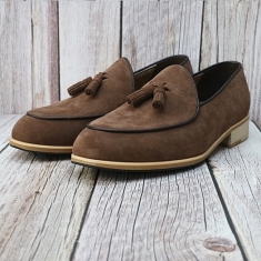 For men, N7000 dark brown sheep skin suede, u-tip, handmade tassel loafers