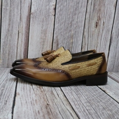 N935 two-tone light brown cowhide and plant stem combination, wing tip, handmade tassel loafers