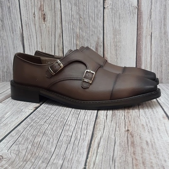 For men, N1005 tanned matte brown cowhide, straight toe, handmade double-monk strap shoes