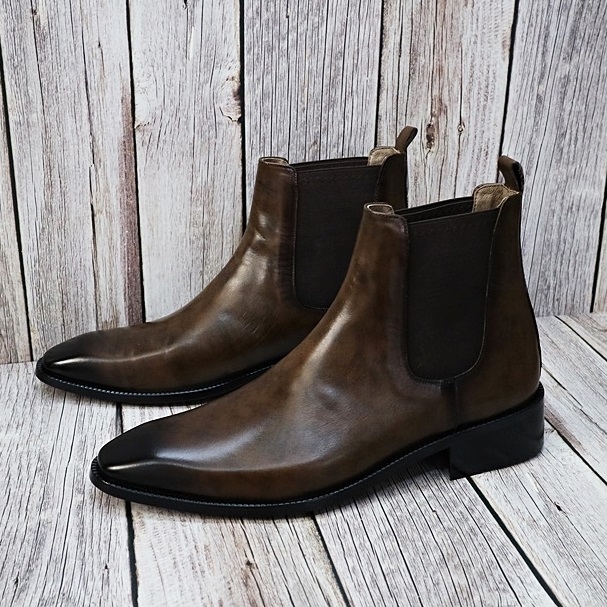 For men, N305 light black stained brown cowhide, no zipper(option), handmade ankle chelsea boots