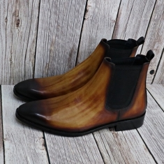 For men, N6305 hand painted cowhide by Patina method, no zipper(option), plain toe, handmade ankle chelsea boots