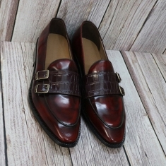 For men, N9235 wine cowhide advan and crocodile skin pattern cowhide combination, u-tip, handmade double-monk strap shoes