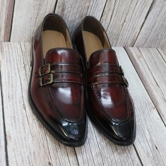 For men, N947 wine cowhide advan, u-tip, thin double-monk strap, handmade loafers