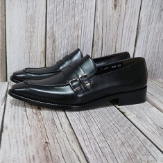 For men, N947 black box cowhide, u-tip, thin double-monk strap, handmade loafers