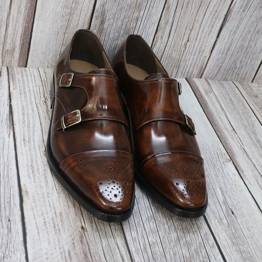 For men, N1005 dark brown advan cowhide, lace-up, regal pattern, straight toe, handmade double-monk strap strap shoes