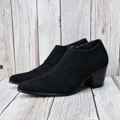 4796 black cowhide suede, pumps 7cm high-heels, triple line toe, handmade western short ankle boots