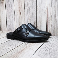 For men, N1005 black cowhide, double-monk strap, straight toe, handmade bloafers