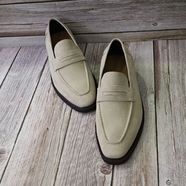 For men, N9235 beige sheep skin suede, u-tip, handmade slip-on penny loafers