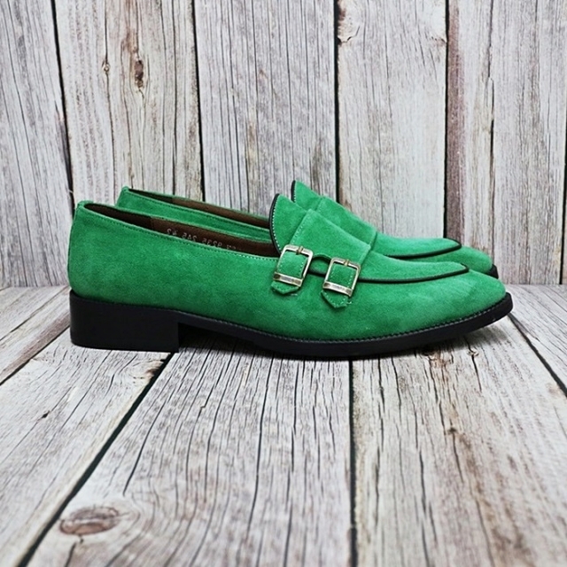 For men, N9235 green sheep skin suede, u-tip, double-monk strap, handmade loafers