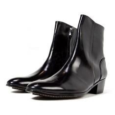 For men, 4554 cowhide black box kip, inward zipper, plain toe, handmade western ankle boots