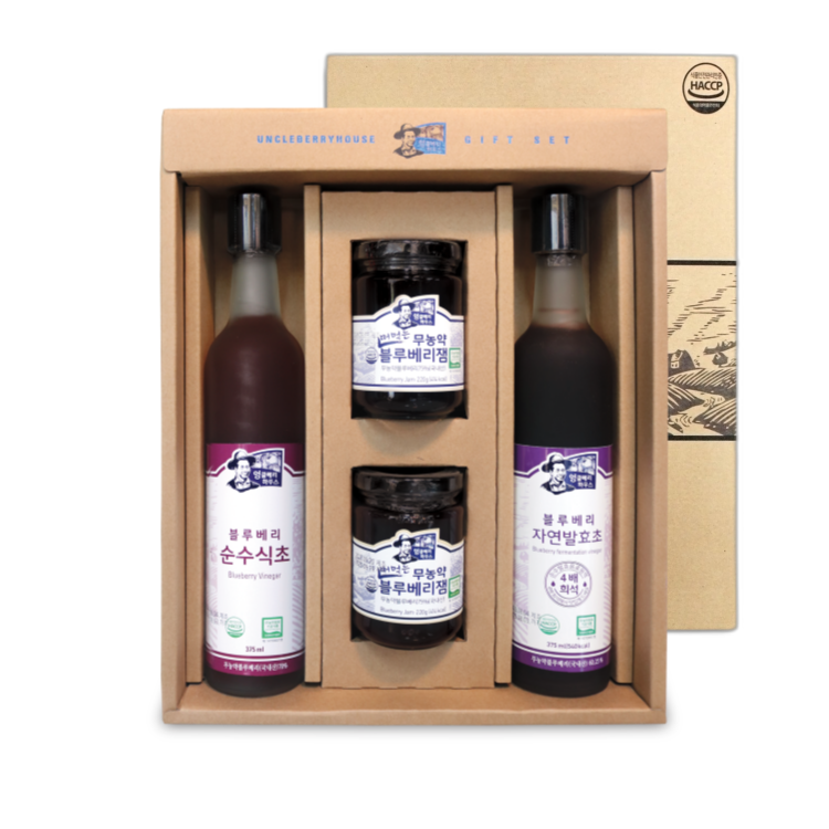 [선물세트]엉클베리하우스 블루베리 종합선물세트 식초 375ml, 발효초 375ml, 무농약 떠먹는 잼 220g*2