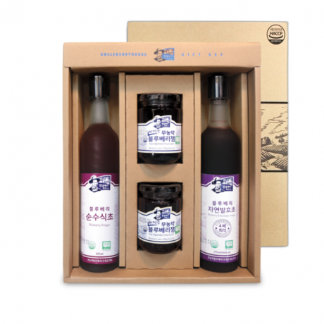 [선물세트]엉클베리하우스 블루베리 종합선물세트 식초 375ml, 발효초 375ml, 무농약 떠먹는 잼 220g*2