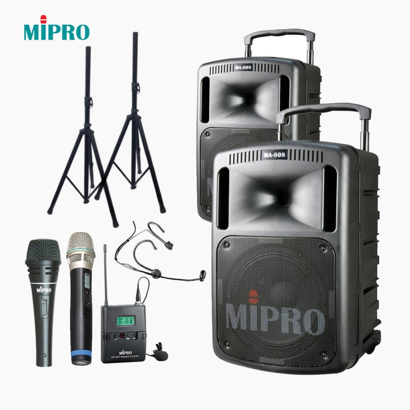 MIPRO 미프로 MA-808M PLUS 충전식 앰프스피커 + 1채널 무선마이크 + MA-808EXP 확장스피커 + 스피커스탠드 2개 + MM105 유선마이크 1개