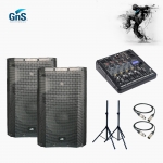 댄스음향패키지 GNS GSA-12 YOUMIX-202 MEDIA 스피커+오디오믹서+스피커스탠드+마이크케이블 SET