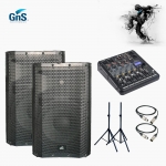 댄스음향패키지 GNS GSA-15 YOUMIX-202 MEDIA 스피커+오디오믹서+스피커스탠드+마이크케이블 SET