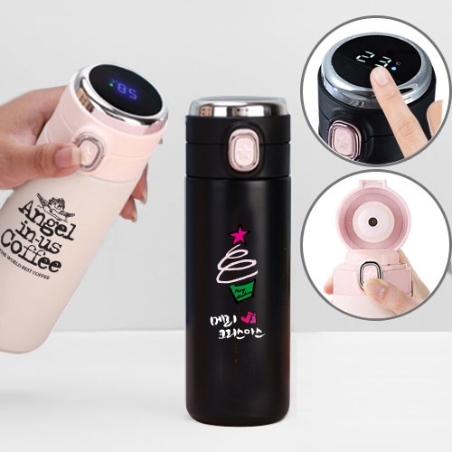 (풀칼라가능)원스타 원터치 스마트 LED 온도텀블러 400ml (이중진공)보온.보냉 / 304 최고급텀블러