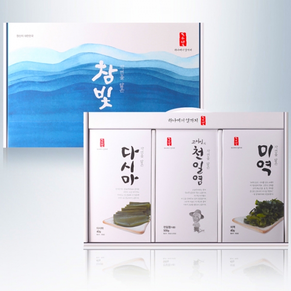 ★ 온라인판매금지 ★(참빛) 자담1호 3종선물세트 다시마40g+천일염500g+미역40g 손잡이박스