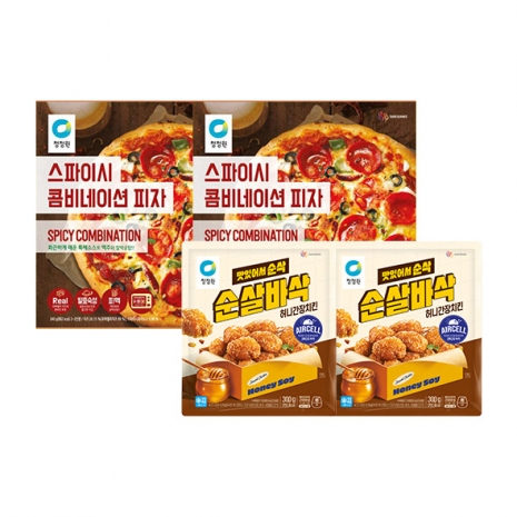 [타임특가]청정원 스파이시콤비네이션피자 340gx2개+순살바삭허니간장치킨 300gx2개