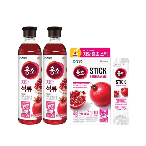 [신제품][골라담기] 청정원 홍초 저당 900mlx2개 +홍초 저당 스틱 400ml